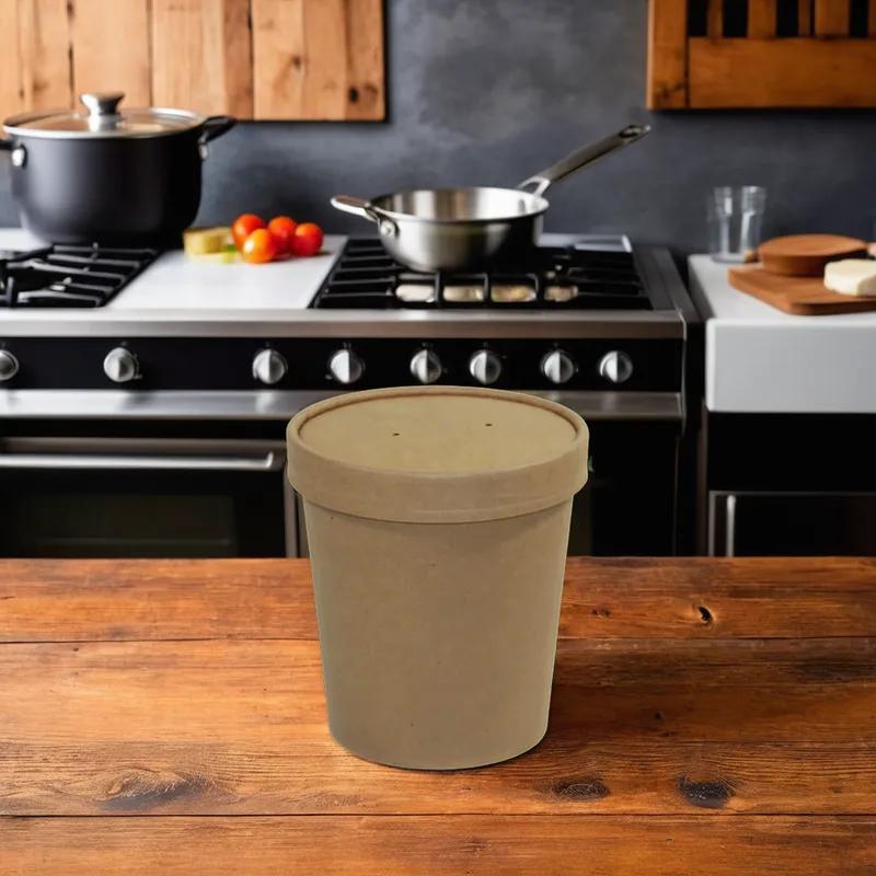 Soup Food Container Base & Lid Combo With Flat Lid 16 OZ Paper Kraft Round 250/Case