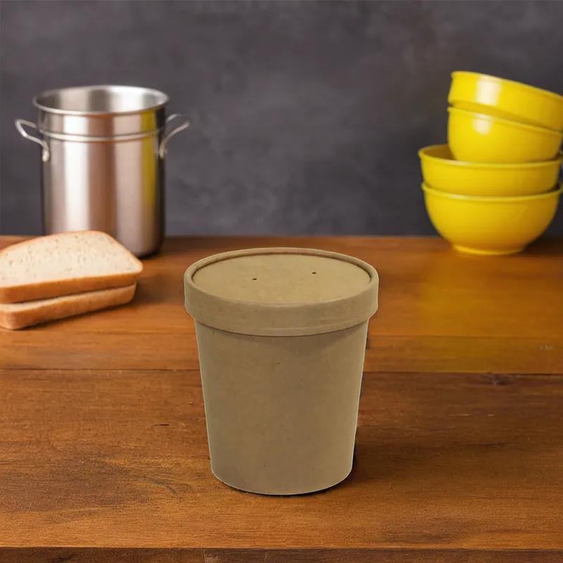 Soup Food Container Base & Lid Combo With Flat Lid 16 OZ Paper Kraft Round 250/Case