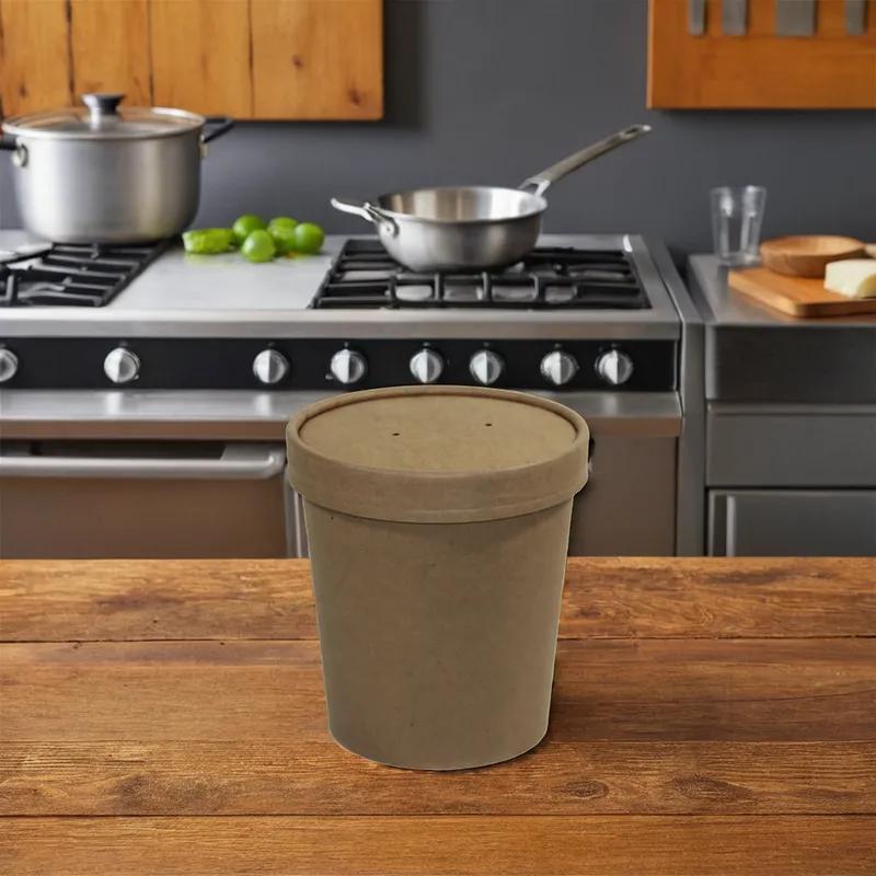 Soup Food Container Base & Lid Combo With Flat Lid 16 OZ Paper Kraft Round 250/Case