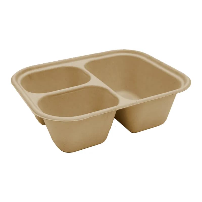 Take-Out Container Base 9.8X7.6X3 IN 3 Compartment Pulp Fiber Kraft Rectangle 300/Case