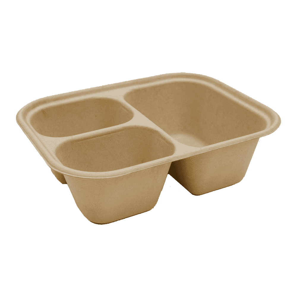 Take-Out Container Base 9.8X7.6X3 IN 3 Compartment Pulp Fiber Kraft Rectangle 300/Case