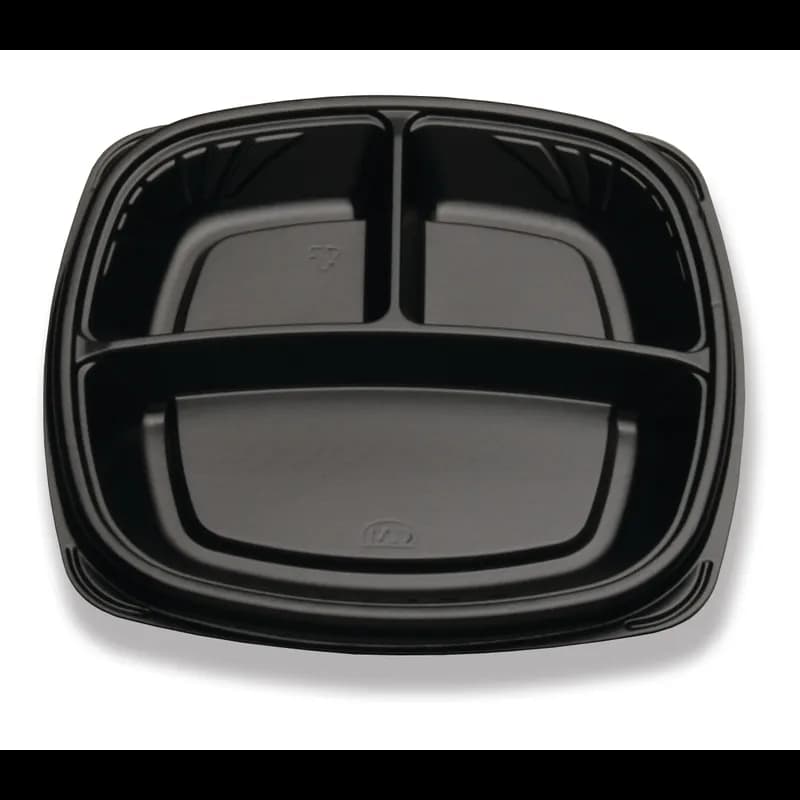 Forum® Plate 9X9 IN 3 Compartment PS Black Square Shallow 300/Case