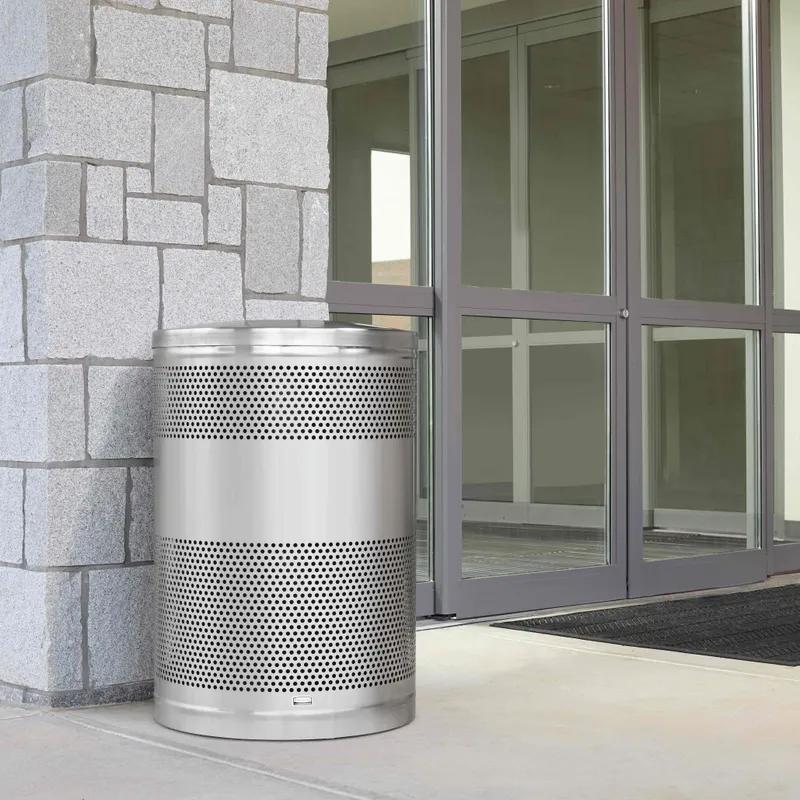 Classics Outdoor Trash Receptacle 51 GAL Stainless Steel With Open Lid Plastic Inner Liner Metal Retaining Straps 1/Each