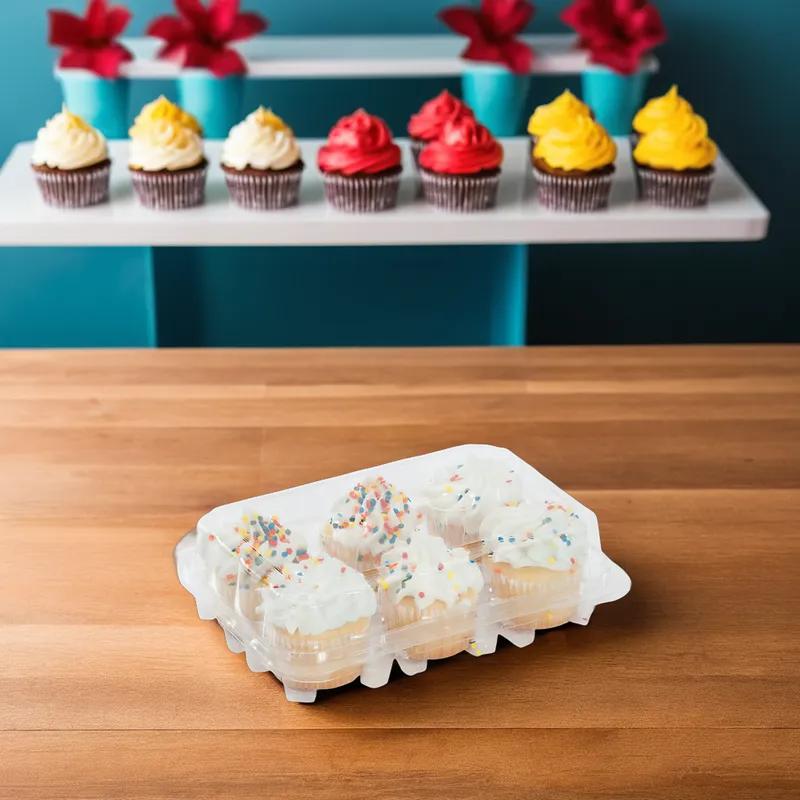 Cupcake Muffin Hinged Container With Dome Lid 6 Compartment RPET Clear 300/Case