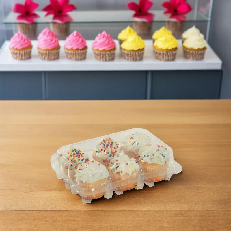 Cupcake Muffin Hinged Container With Dome Lid 6 Compartment RPET Clear 300/Case