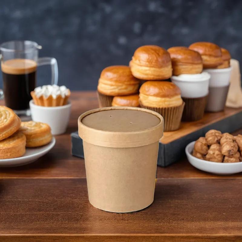 Soup Food Container Base & Lid Combo With Flat Lid 12 OZ Paper Kraft Round 250/Case