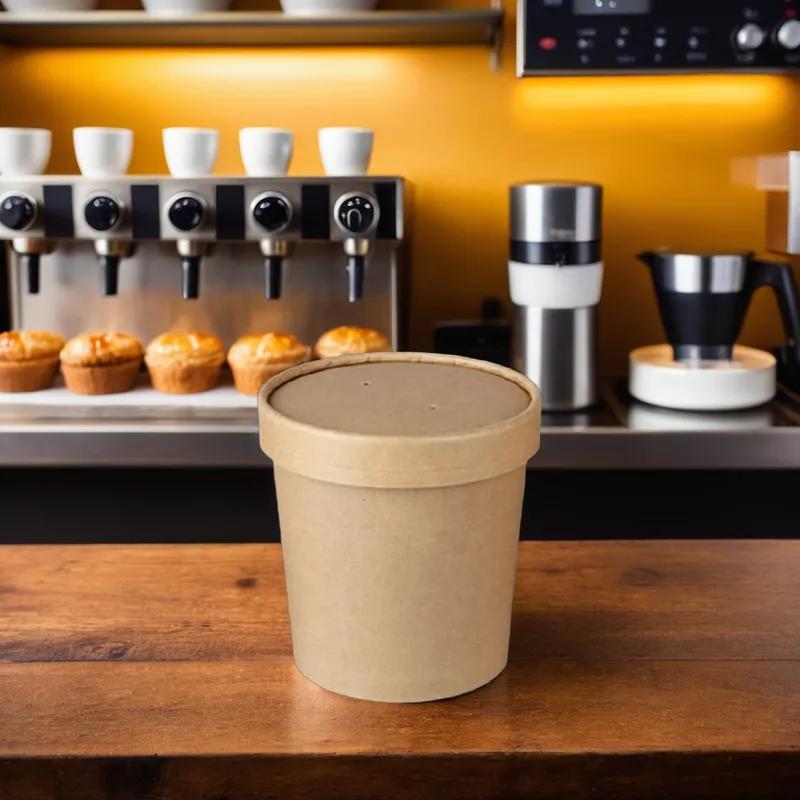 Soup Food Container Base & Lid Combo With Flat Lid 12 OZ Paper Kraft Round 250/Case