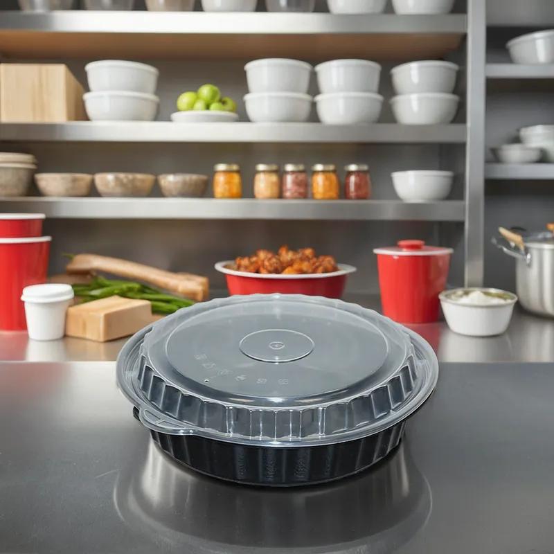 Take-Out Container Base & Lid Combo 35 OZ Plastic Black Round 150/Case
