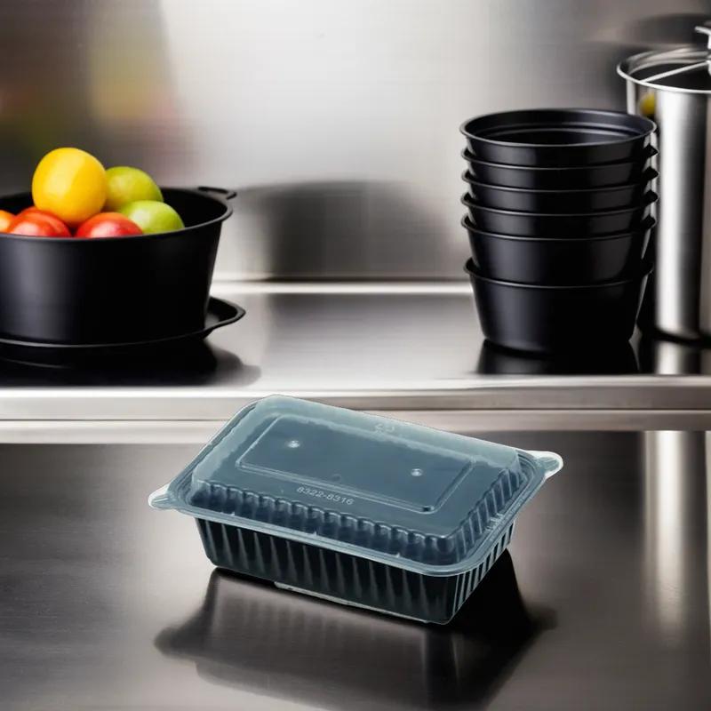 Take-Out Container Base & Lid Combo With Dome Lid 24 OZ Plastic Black Oblong 150/Case