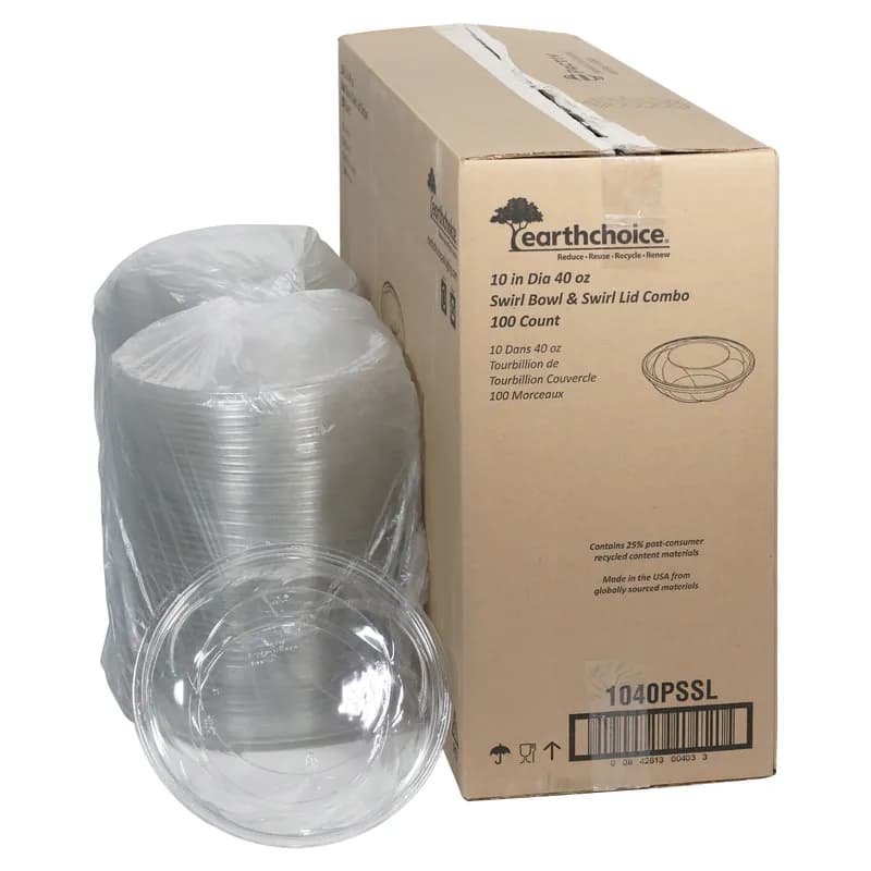 Bowl & Lid Combo With Dome Lid 40 OZ RPET Clear Swirl Design Round Hinged 100/Case