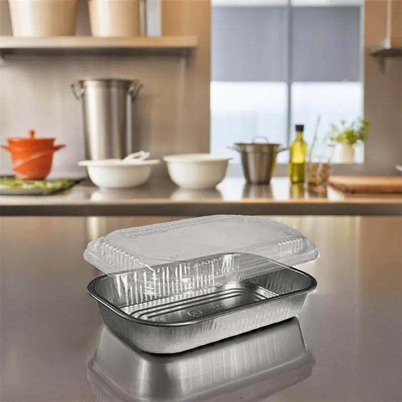 Take-Out Container Base & Lid Combo With Dome Lid 76 OZ Aluminum Plastic Silver Clear Oblong 150/Case