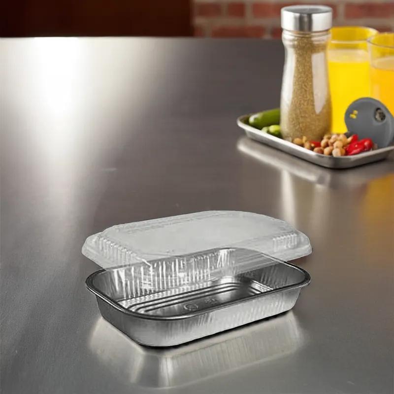 Take-Out Container Base & Lid Combo With Dome Lid 76 OZ Aluminum Plastic Silver Clear Oblong 150/Case