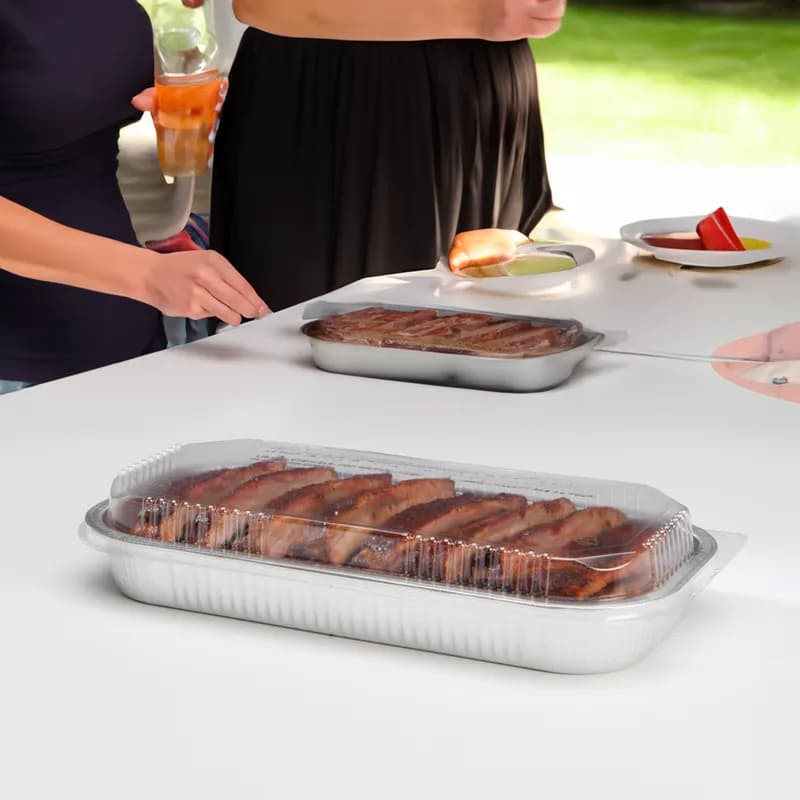 Take-Out Container Base & Lid Combo With Dome Lid 76 OZ Aluminum Plastic Silver Clear Oblong 150/Case