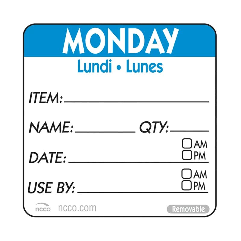 Monday Prep Item Date Use Trilingual Label 2X2 IN Blue Square Removable 500/Roll