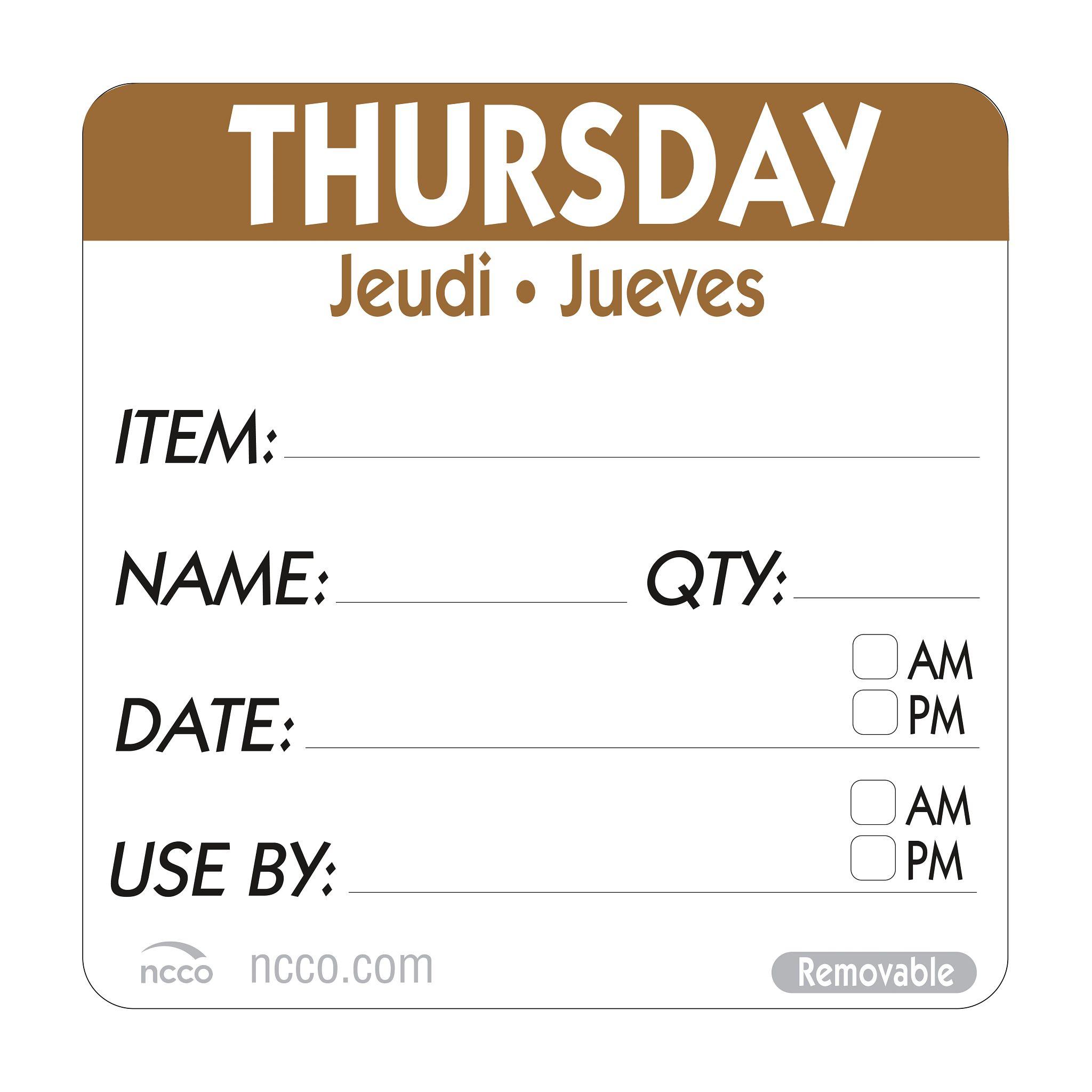 Thursday Prep Item Date Use Trilingual Label 2X2 IN Brown Square Removable 500/Roll