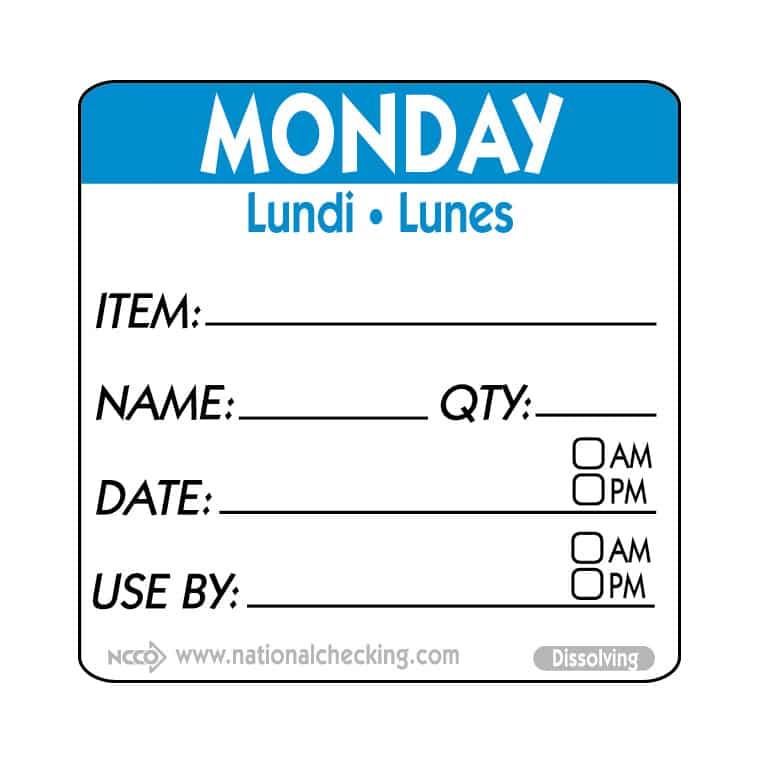 Monday Prep Item Date Use Trilingual Label 2X2 IN Blue Square Dissolvable 250/Roll