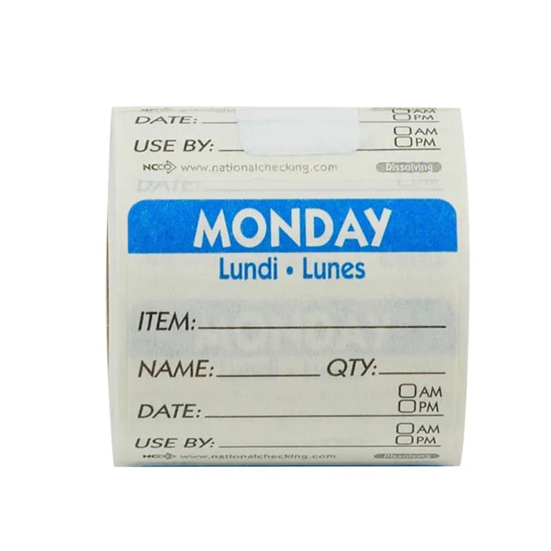 Monday Prep Item Date Use Trilingual Label 2X2 IN Blue Square Dissolvable 250/Roll