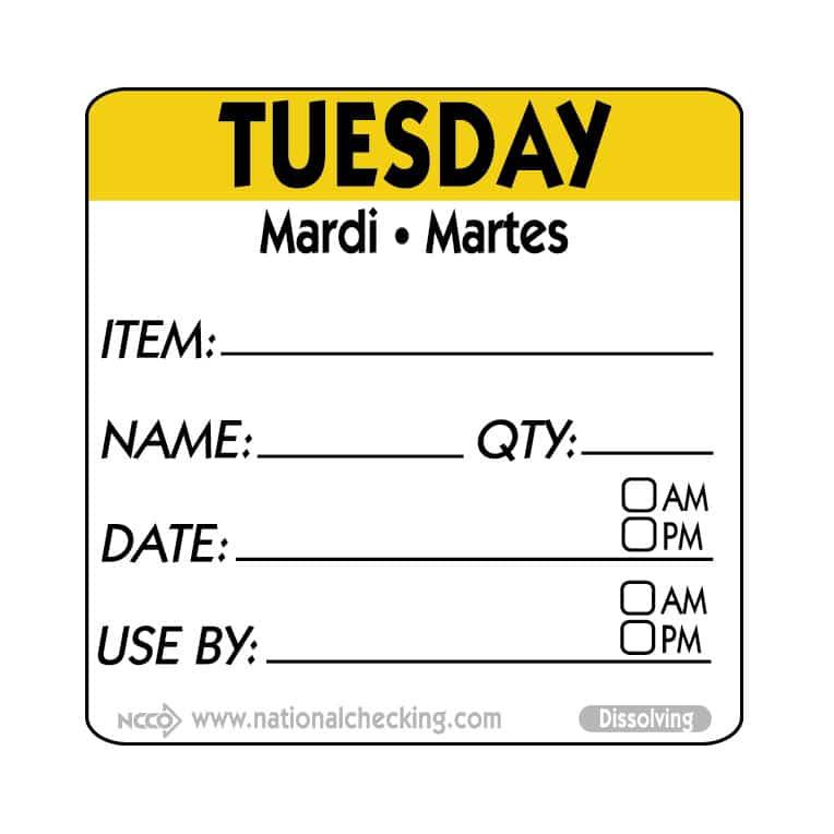 Tuesday Prep Item Date Use Trilingual Label 2X2 IN Yellow Square Dissolvable 250/Roll