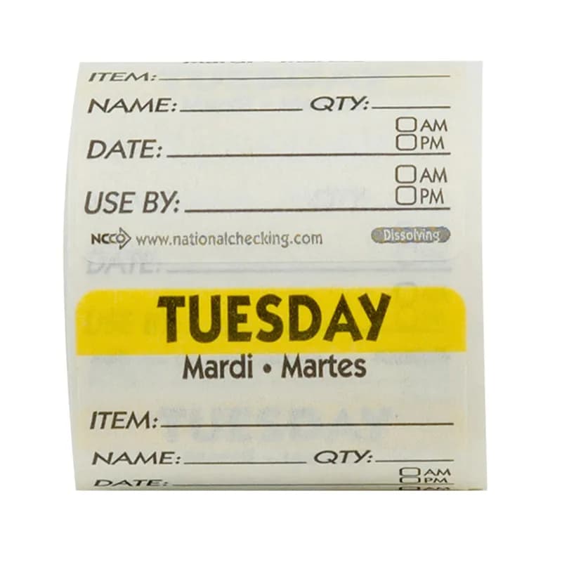 Tuesday Prep Item Date Use Trilingual Label 2X2 IN Yellow Square Dissolvable 250/Roll