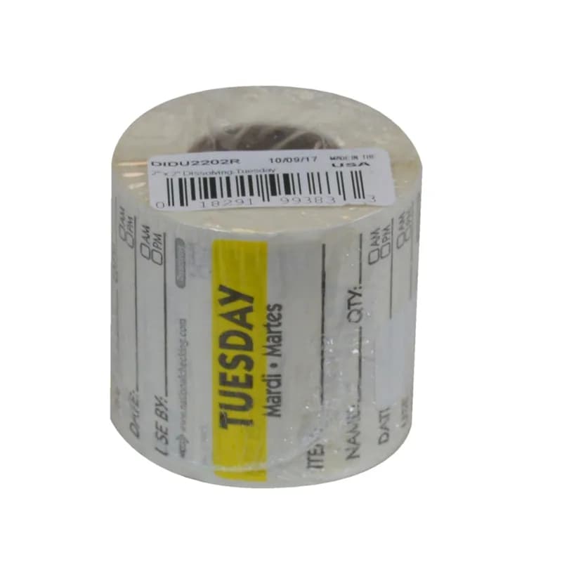 Tuesday Prep Item Date Use Trilingual Label 2X2 IN Yellow Square Dissolvable 250/Roll