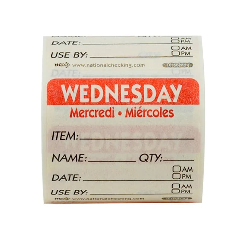 Wednesday Prep Item Date Use Trilingual Label 2X2 IN Red Square Dissolvable 250/Roll