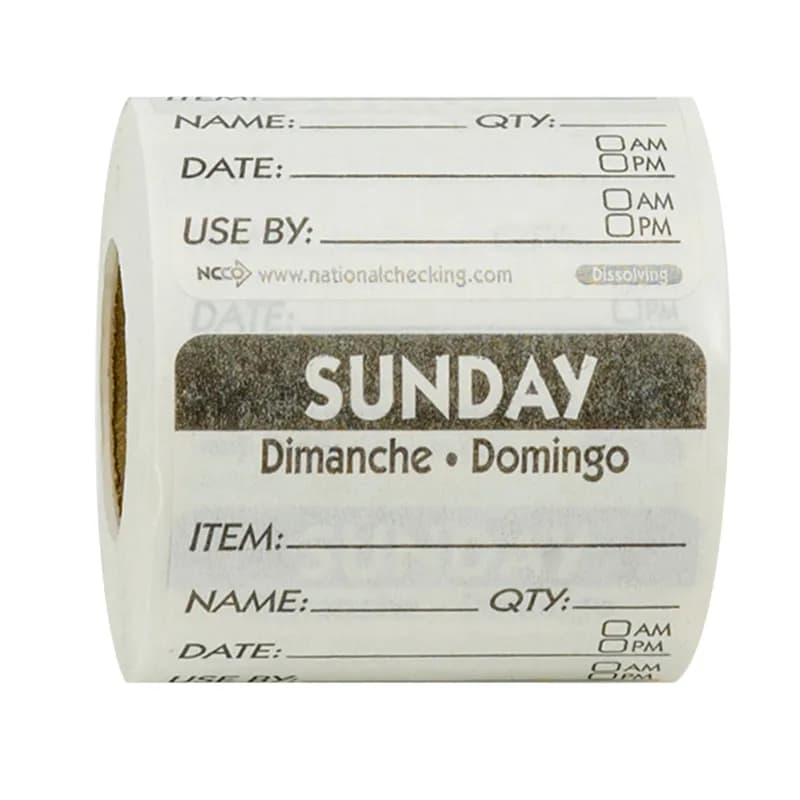 Sunday Prep Item Date Use Trilingual Label 2X2 IN Black Square Dissolvable 250/Roll