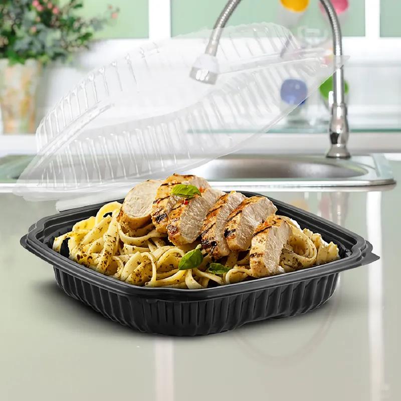 Culinary Classics® Take-Out Container Hinged 10.56X9.98X3.21 IN PP Black Clear Square Tear-Away Vented Anti-Fog 120/Case