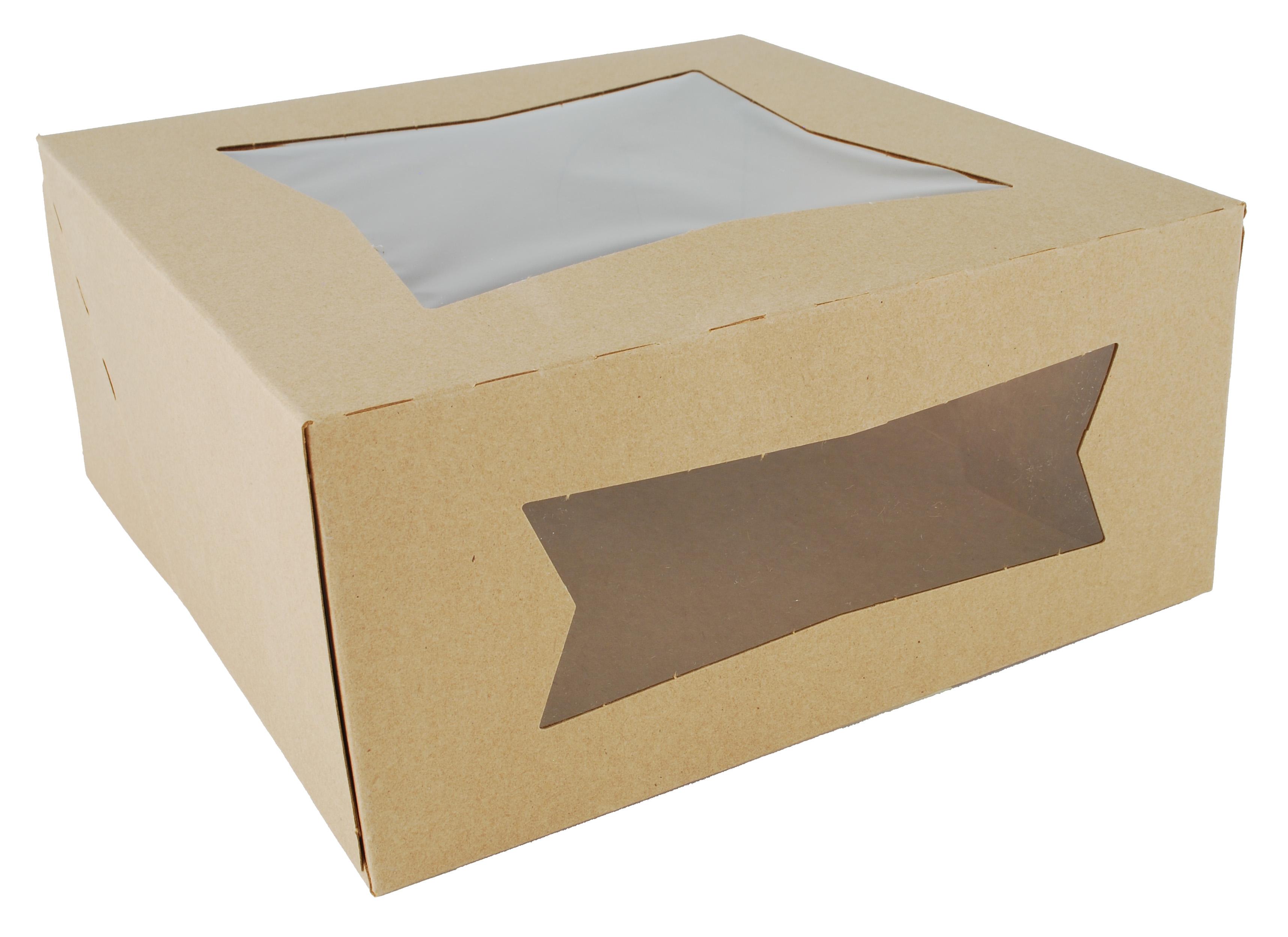 Bakery Box 9X9X4 IN Kraft Paperboard Kraft Square 4 Corner Beers With Window 150/Case