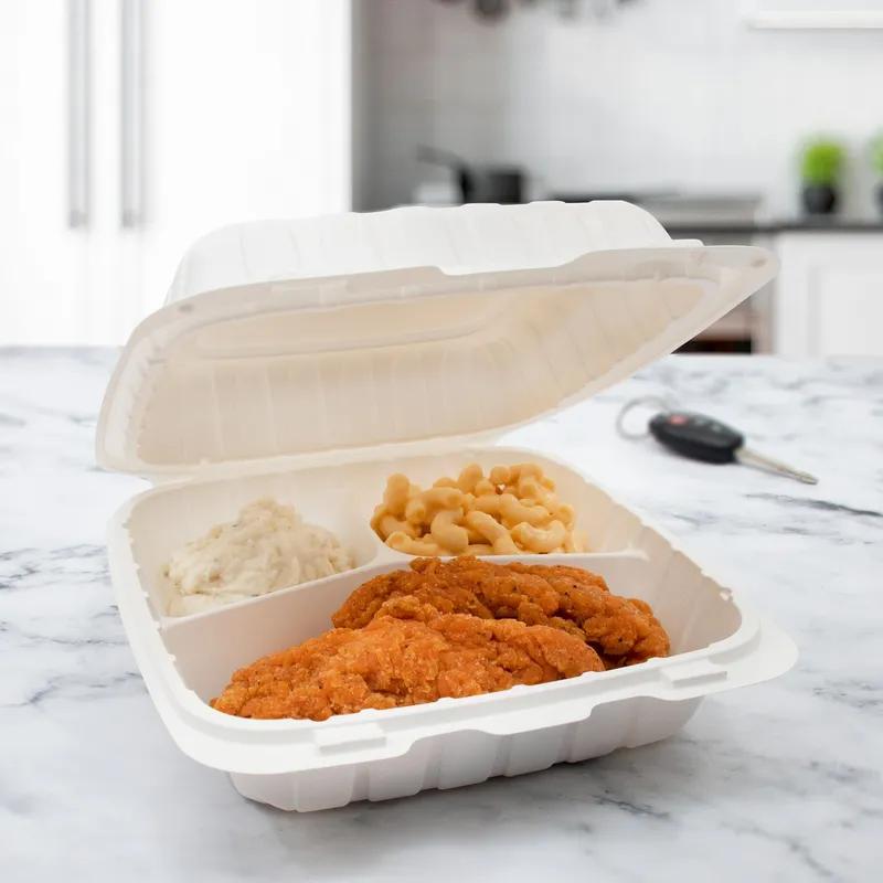 Dart® Take-Out Container Hinged 8X8.25X3 IN 3 Compartment PP White 75 Count/Bag 2 Bags/Case 150 Count/Case