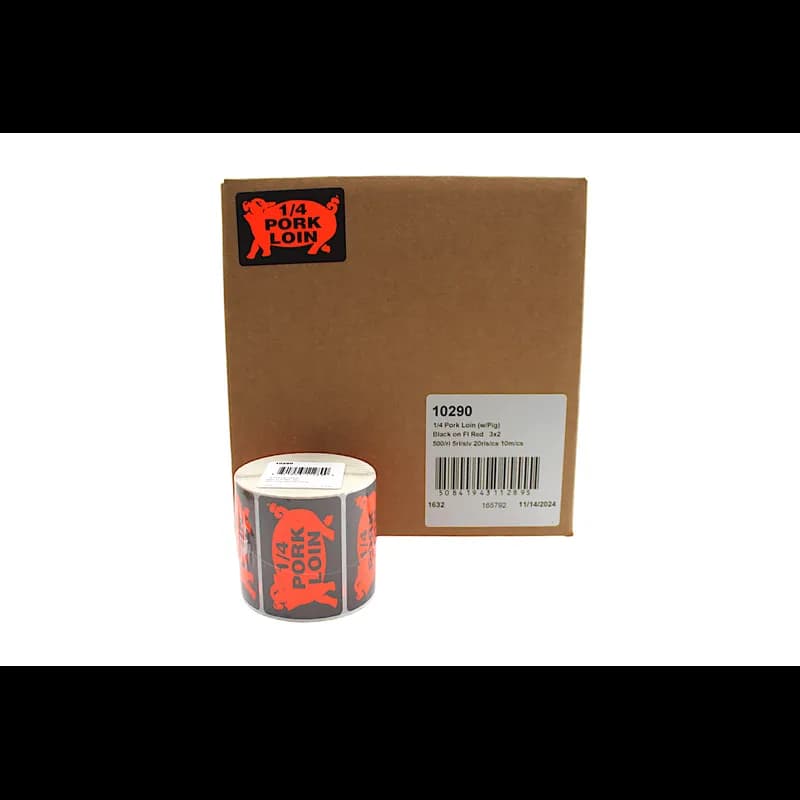 1/4 Pork Loin Meat Label 3X2 IN Black Fluorescent Red With Pig 500 Count/Roll 20 Rolls/Case 10000 Count/Case