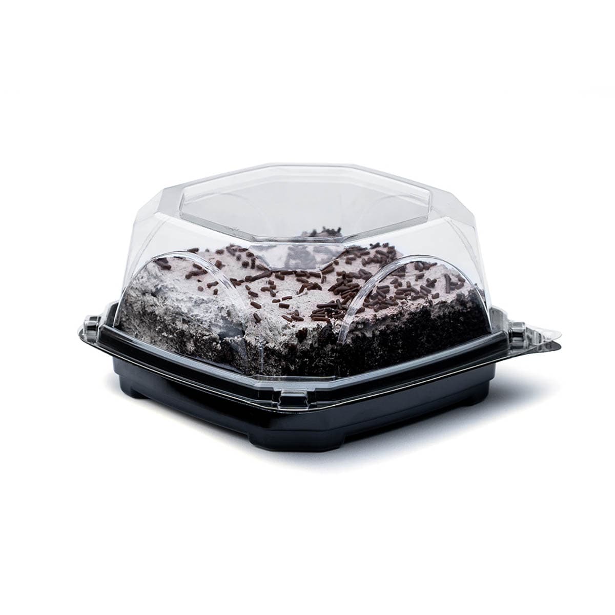 The BOTTLEBOX ® Take-Out Container Base & Lid Combo With Shallow Dome Lid Mini 5.25X5.25X2.6 IN RPET Black Clear Square 400/Case