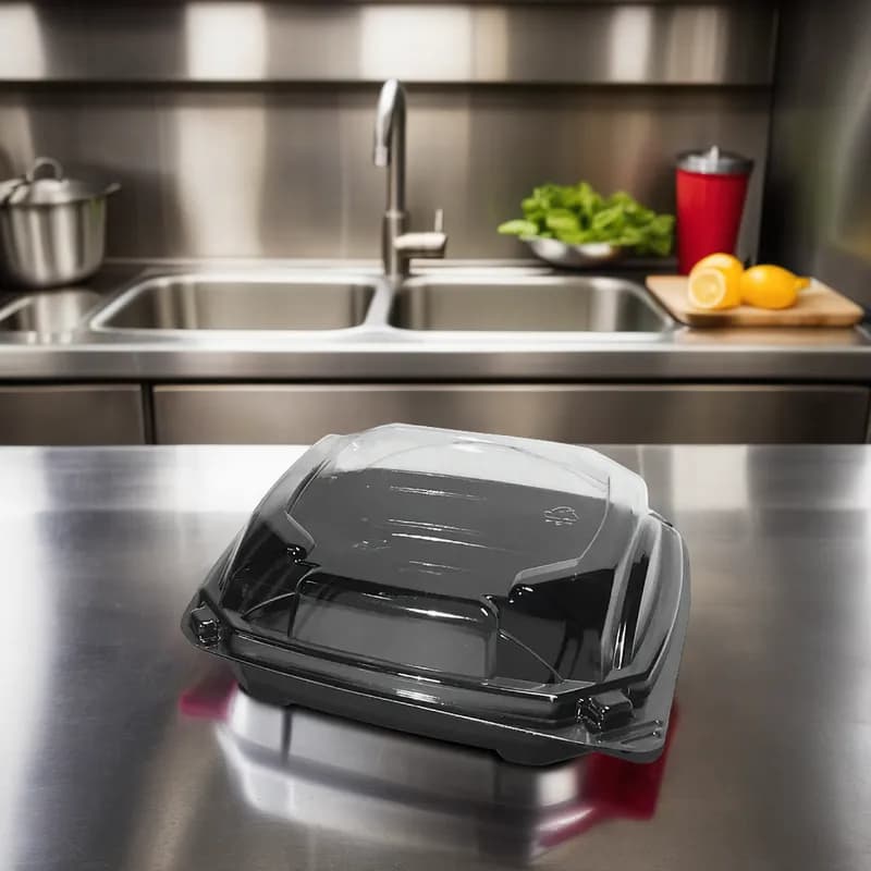 The BOTTLEBOX ® Take-Out Container Base & Lid Combo With Shallow Dome Lid Mini 5.25X5.25X2.6 IN RPET Black Clear Square 400/Case