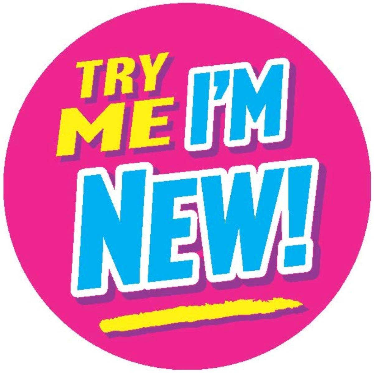 Try Me Im New! Promo Label 2 IN Pink Blue Yellow Circle 500 Count/Roll 25 Rolls/Case 12500 Count/Case