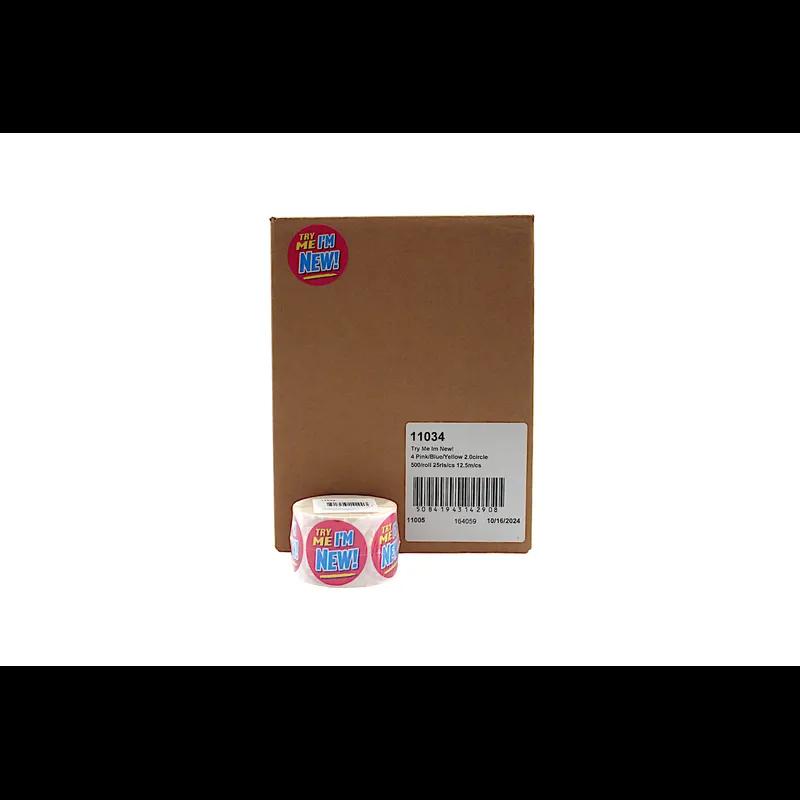 Try Me Im New! Promo Label 2 IN Pink Blue Yellow Circle 500 Count/Roll 25 Rolls/Case 12500 Count/Case