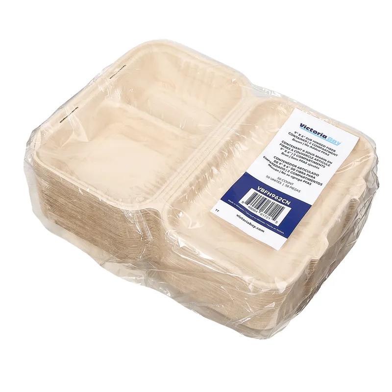 Victoria Bay Take-Out Container Hinged 9X6 IN 2 Compartment Plant Fiber Brown Rectangle 250/Case