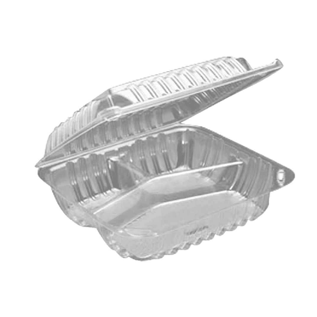 Take-Out Container Hinged 3 Compartment OPS Clear Medium Weight 125 Count/Pack 2 Packs/Case 250 Count/Case