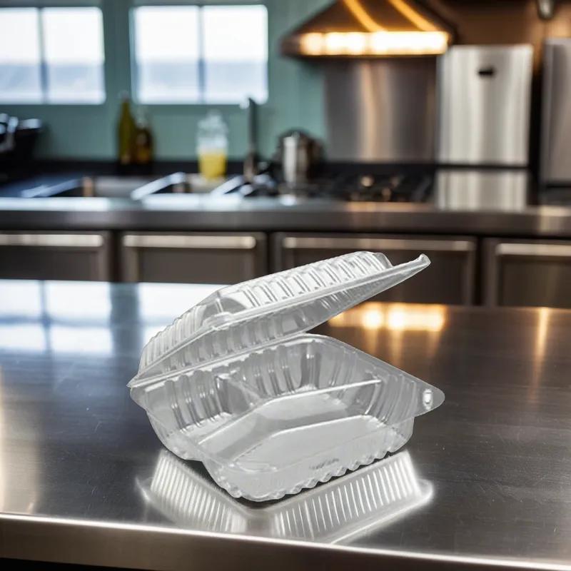 Take-Out Container Hinged 3 Compartment OPS Clear Medium Weight 125 Count/Pack 2 Packs/Case 250 Count/Case