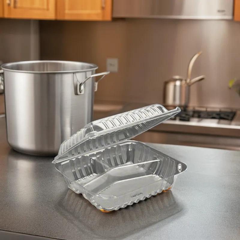Take-Out Container Hinged 3 Compartment OPS Clear Medium Weight 125 Count/Pack 2 Packs/Case 250 Count/Case