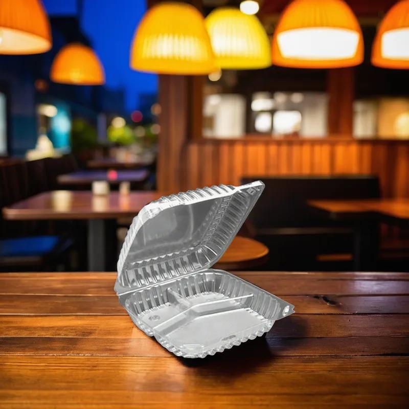 Take-Out Container Hinged Large (LG) 9X9X3 IN 3 Compartment OPS Clear 100 Count/Pack 2 Packs/Case 200 Count/Case