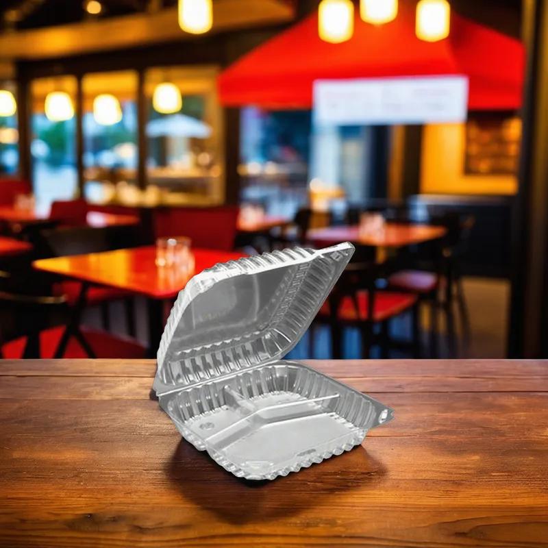 Take-Out Container Hinged Large (LG) 9X9X3 IN 3 Compartment OPS Clear 100 Count/Pack 2 Packs/Case 200 Count/Case