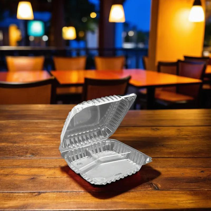 Take-Out Container Hinged Large (LG) 9X9X3 IN 3 Compartment OPS Clear 100 Count/Pack 2 Packs/Case 200 Count/Case