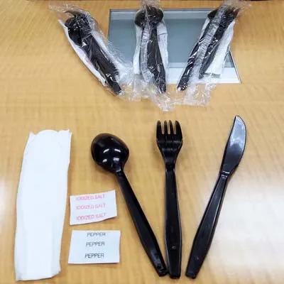 6PC Cutlery Kit PP Black With 13X13 Napkin,Fork,Knife,Spoon,Salt & Pepper 250/Case