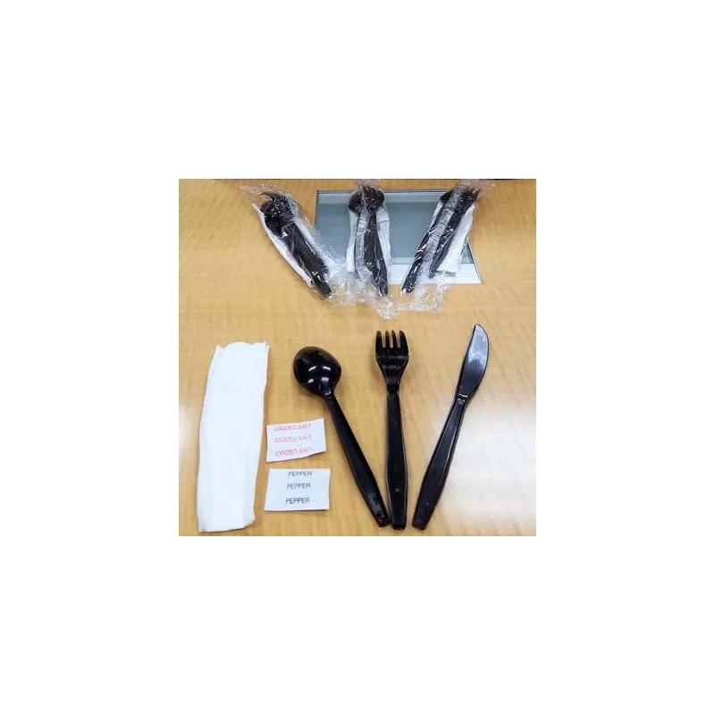 6PC Cutlery Kit PP Black With 13X13 Napkin,Fork,Knife,Spoon,Salt & Pepper 250/Case