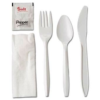 5PC Cutlery Kit PP With Napkin,Fork,Knife,Teaspoon,Salt & Pepper 250/Case