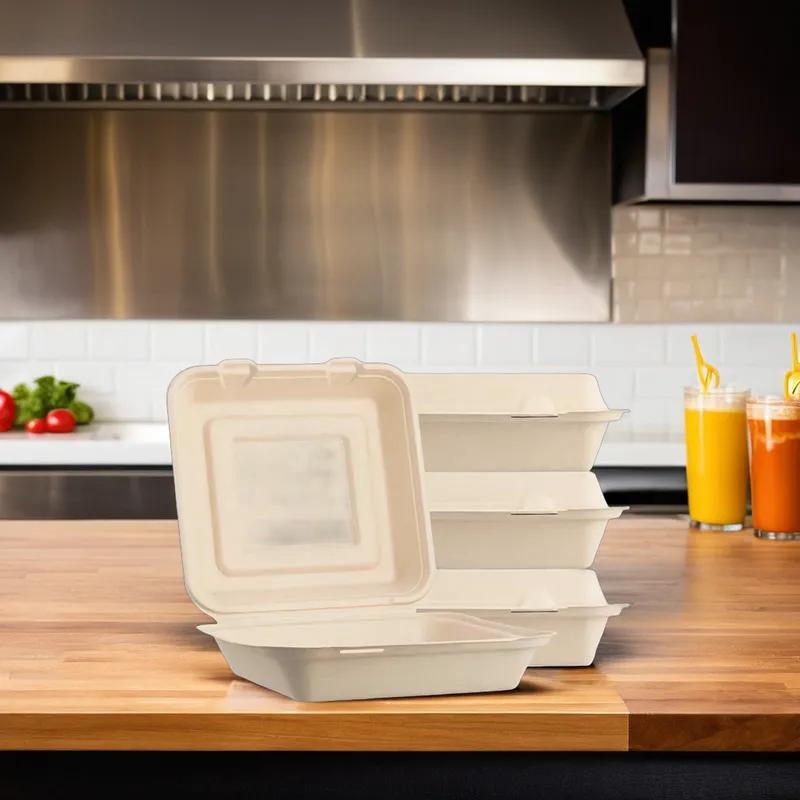 Take-Out Container Hinged 10X10X3 IN Sugarcane Kraft 200/Case