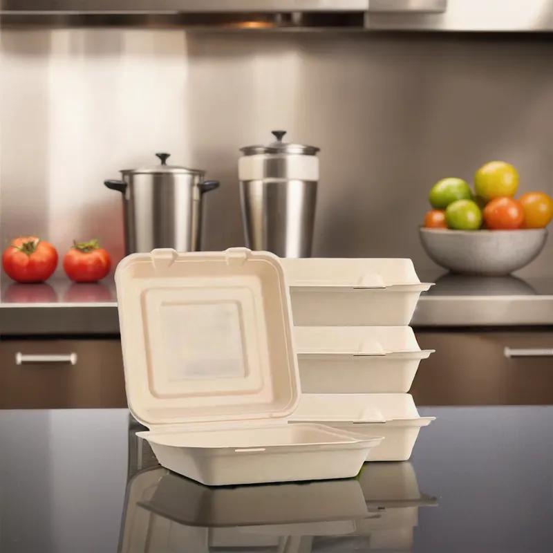 Take-Out Container Hinged 10X10X3 IN Sugarcane Kraft 200/Case