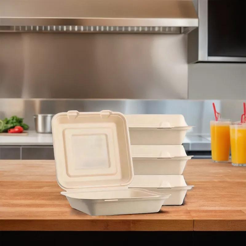 Take-Out Container Hinged 10X10X3 IN Sugarcane Kraft 200/Case