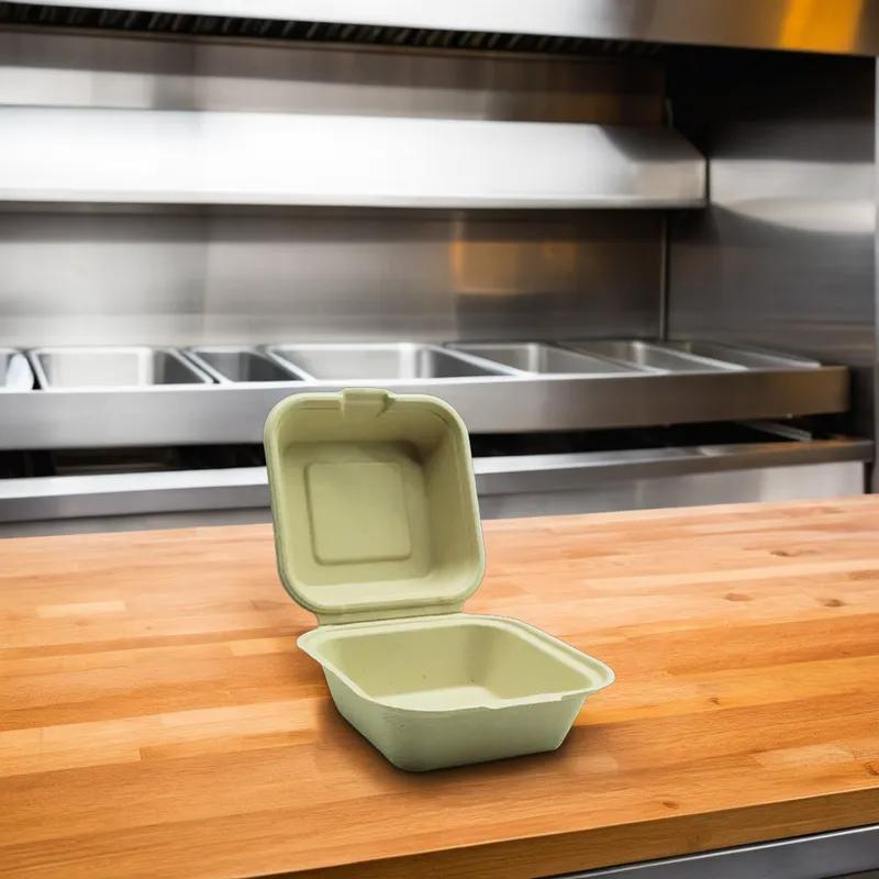 Take-Out Container Hinged 6X6X3 IN Sugarcane Kraft 500/Case