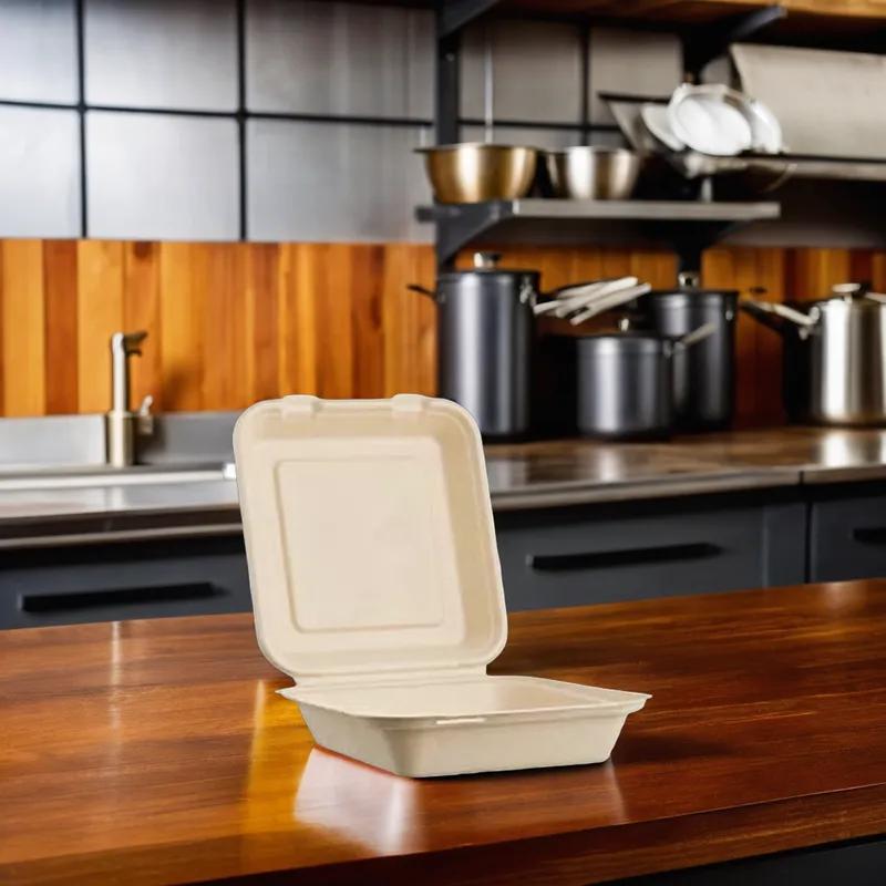 Take-Out Container Hinged 9X9X3 IN Sugarcane Kraft 200/Case