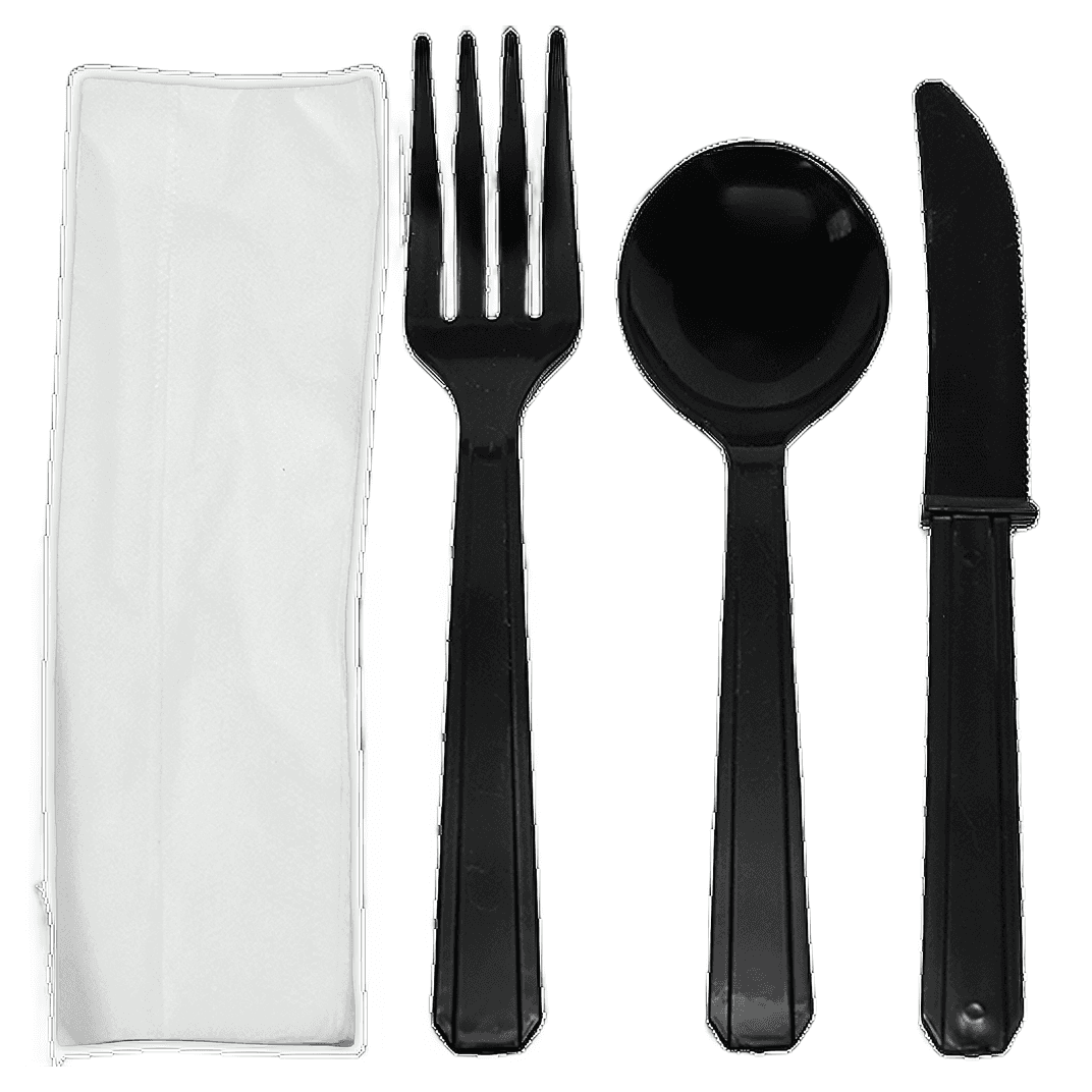 Karat® Cutlery Kit PS Black Heavyweight With White Napkin,Fork,Soup Spoon,Knife 250/Case